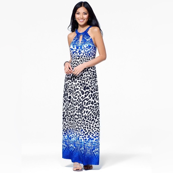 Cache Blue, Off White and Black Animal and Paisley Print Halter Maxi Dress Sz S - Picture 1 of 17